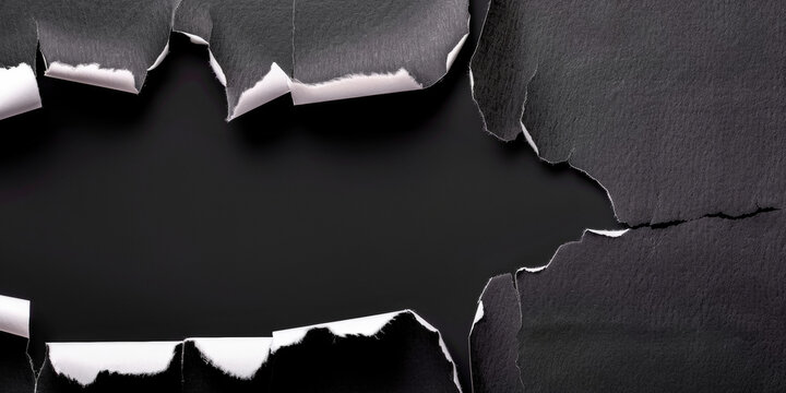 Top view of black torn paper revealing a black background, creating a dramatic contrast. Ideal for announcements, promotions, and advertisements requiring a bold visual impact