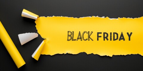 Top view of yellow torn paper revealing the text "Black Friday" on a black background. This image effectively conveys the concept of Black Friday sales and promotions
