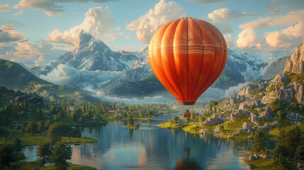 Fototapeta premium serene lake landscape with floating hot air balloon at sunrise