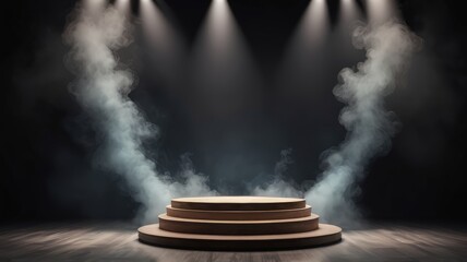 3D stage podium in dark background with smoke effect. Studio background with realistic podium spotlight