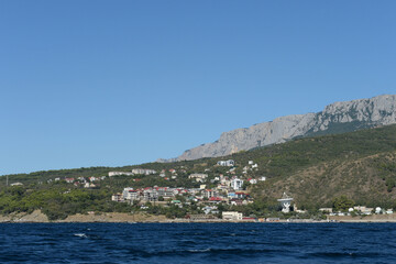 The village of Katsiveli on the Southern coast of Crimea with the Crimean Astrophysical Observatory and a radio telescope