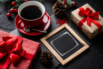 Black Friday themed image with a white coffee cup, red gift boxes with black ribbons, star anise, and autumn leaves on a black background, creating a stylish and festive scene