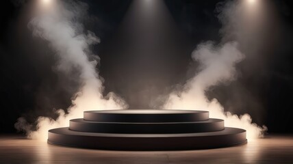 3D stage podium in dark background with smoke effect. Studio background with realistic podium spotlight