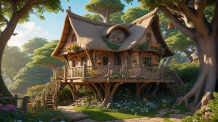 With a whimsical design, the treehouse resembles a fairy-tale cottage, complete with a thatched roof and a charming balcony overlooking the woods, Generative AI