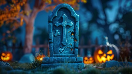 Eerie Graveyard Scene with Tombstones and Pumpkins