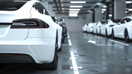 Fototapeta premium Modern electric cars parked in a row inside an underground parking garage with bright fluorescent lighting and clean, reflective floors.