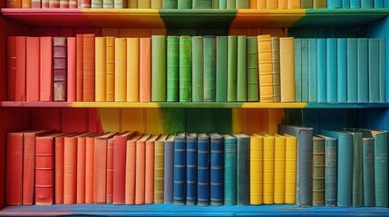 Vibrant bookshelves filled with books arranged by color create a rainbow effect in a cozy library setting