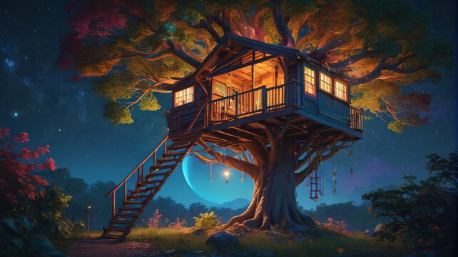 Elevated among the branches, the treehouse is a haven for imagination, with colorful banners fluttering in the breeze and a telescope for stargazing at night, Generative AI