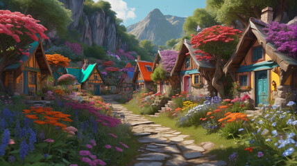 Obraz premium Tucked away in a secluded glen, the elf village is a kaleidoscope of colors, with brightly painted cottages surrounded by blooming flower gardens, Generative AI