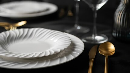 Luxurious restaurant setup, pristine white plates, gold utensils, dark background, high-end dining experience, black space for text