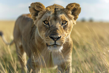 World Lion Day. A dynamic shot of a lioness on the prowl, showcasing her hunting prowess and agility as she moves stealthily through the tall grass of the savannah.