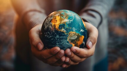 Fototapeta premium Gentle hands holding a globe, promoting World Water Day, minimalistic light setting, soft focus-- style raw