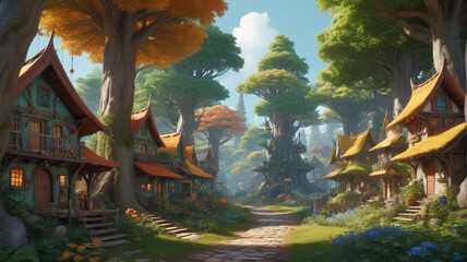 Among the towering trees, the elf village stands as a testament to creativity, with each dwelling boasting a unique color palette inspired by the natural world, Generative AI
