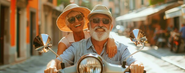 Elderly happy couple enjoying a romantic ride on a red scooter along a picturesque Italian street.