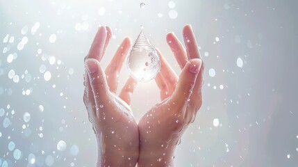 Hands tenderly holding a pure water drop, with droplets and gentle splashing, minimal and bright background