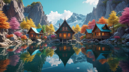 Obraz premium Perched on the edge of a crystal-clear lake, the elf village reflects a spectrum of colors in its mirrored waters, creating a breathtaking scene of harmony and beauty, Generative AI