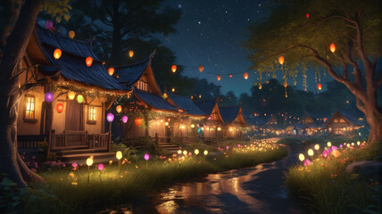 Illuminated by the soft glow of fireflies, the elf village twinkles with colorful lanterns and glowing orbs, turning the night into a magical spectacle of light and color, Generative AI