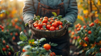 A farmer clad in overalls proudly holds a basket full of ripe tomatoes in a lush field