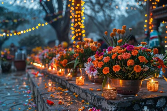 Gai Jatra (Nepal). A rustic outdoor setting with lots of colorful flowers, twinkle lights, and decorative lanterns, creating a festive atmosphere for a Gai Jatra celebration.