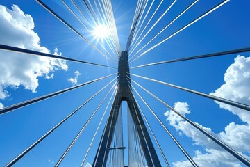 Bridge Abstract. Closeup of Cable Stayed Bridge and Blue Sky on a Sunny Day