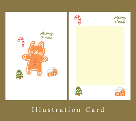 cute bear ginger cookie with candy cane, illustration Christmas minimal frame card.
