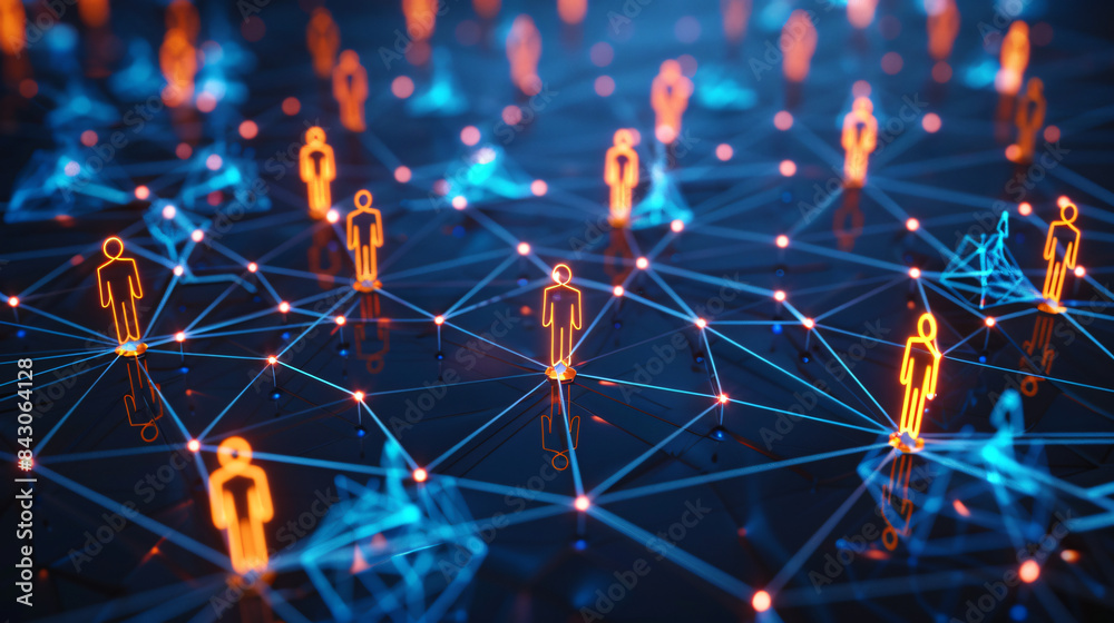 Poster abstract visualization of social network with digital human icons connected by lines