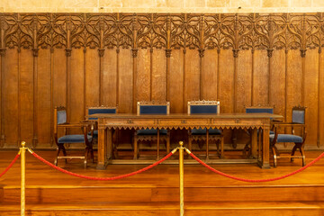 Valencia, Spain - 20 April 2024. The interior of the Silk Exchange with twisted columns - The Lonja de la Seda is a late Valencian Gothic-style civil building.