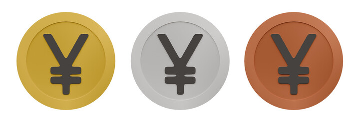 Icons of Japanese Yen Currency | Gold Silver Bronze Coins with Transparent Background