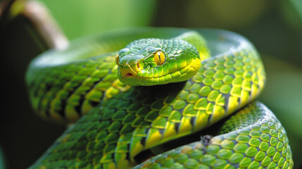 Fototapeta premium Some snakes are named green snakes because of their color. The North American green snakes belong to the genus Opheodrys.