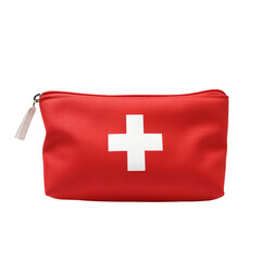 red canvas rectangle medical purse with white cross logo in the middle on an isolated white background