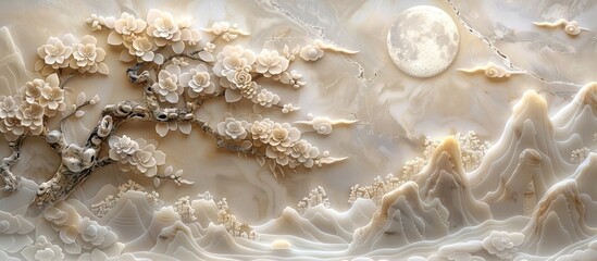 3d Chinese landscape Wallpaper Background golden art for digital printing wallpaper, mural, custom design wallpaper. AI generated illustration