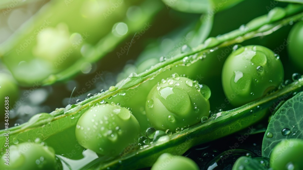 Canvas Prints Close-up of Fresh Green Peas in Pod with Water Droplets. Vivid and Colorful Macro Photography of Nature. Ideal for Food Blogs and Culinary Use. AI