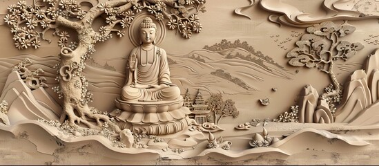 3d Hindu ancient religious buddha Wallpaper Background golden art for digital printing wallpaper, mural, custom design wallpaper. AI generated illustration