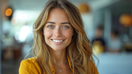 Obraz premium Smiling young woman in a casual yellow top with a soft-focus indoor background