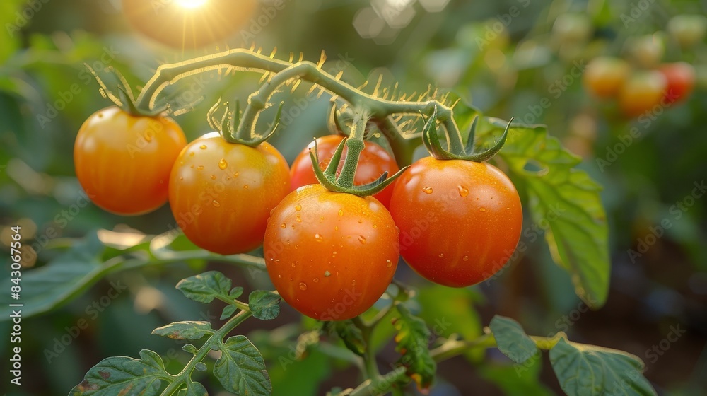 Poster Ripe tomatoes on a plant with water droplets, vibrant and fresh