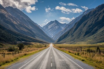 Naklejka premium A long, straight road route stretching through a serene valley, bordered by towering mountains, with the perspective drawing the viewer's gaze towards the horizon where the peaks meet the sky.