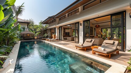 An elegant pool villa with loungers and open living space in a tropical setting, showcasing luxury real estate