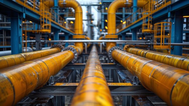 Looking down the length of parallel yellow pipes in an industrial refinery setting with intricate details