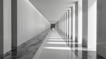 Obraz premium abstract black and white background with long corridor in the center, minimalistic geometric lines on clean wall, light reflection from the floor