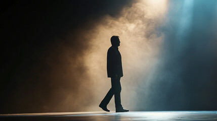 Silhouetted figure walking through mist with dramatic backlighting on stage