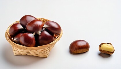 Sweet chestnut - Castanea sativa - isolated on white background with copy space. Eaten as a stuffing or cooked with pheasant, duck, goose, and chicken, pork and beef are considered a delicacy by many