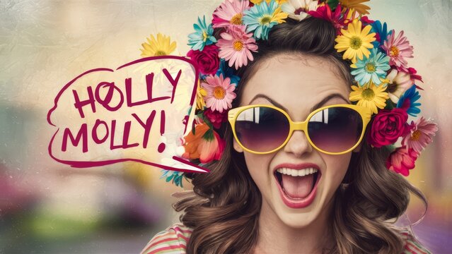 A woman with a flower crown and speech bubble saying holly moly, AI