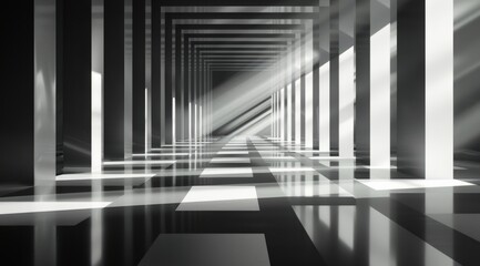 Obraz premium abstract black and white background with long corridor in the center, minimalistic geometric lines on clean wall, light reflection from the floor