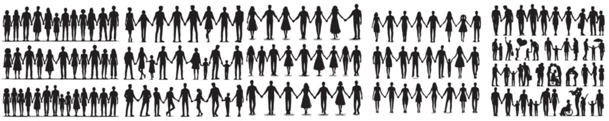 vector set of people holding hands in a simple silhouette style