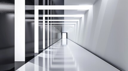 abstract black and white background with long corridor in the center, minimalistic geometric lines on clean wall, light reflection from the floor