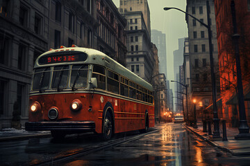 a bus on a deserted street in a city