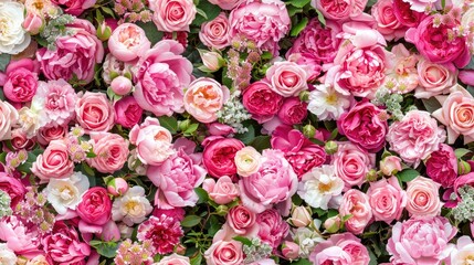 blooming pink roses, peonies, and ranunculus, perfect for wedding card designs or elegant spring-themed wallpapers. SEAMLESS PATTERN.