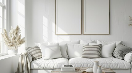 Fototapeta premium render of one vertical blank frames in a mockup cozy living room, a white sofa with striped pillows and a wooden white table near a window with natural light, white walls