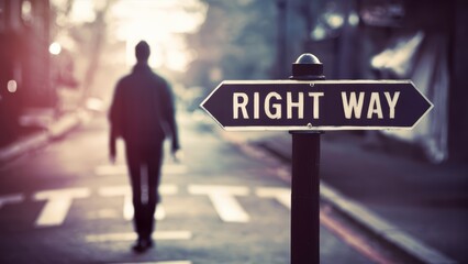 A person walking down a street with the word "right" on it, AI