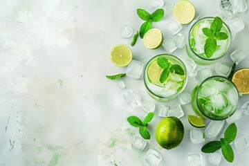 Lime Top. Refreshing Mojito Cocktail with Ice, Mint and Lemon on Light Background
